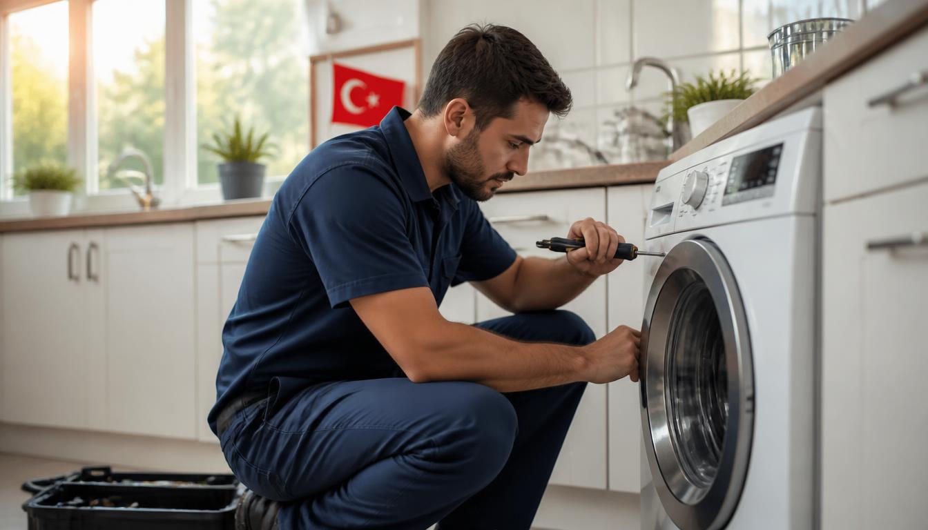 Arçelik-Beko beyaz eşya teknik servis uzmanı çamaşır makinesi tamir ediyor